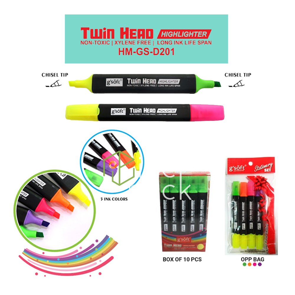 Web-HM-GS-D201-TWIN-HEAD-HIGHLIGHTER.png G'SOFT Twin-Tip Highlight Marker GSD201 - Xylene Free - Image 1